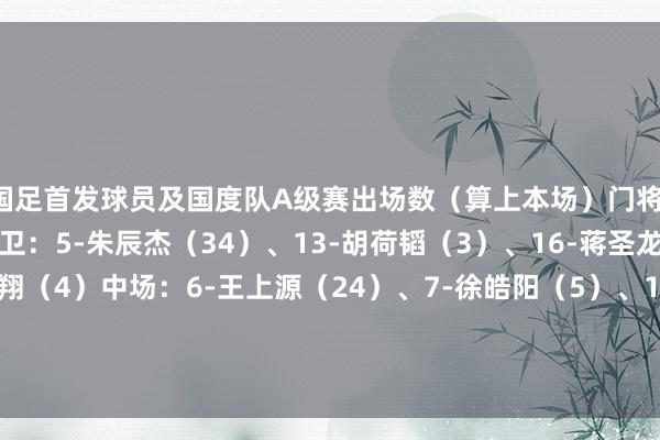 国足首发球员及国度队A级赛出场数（算上本场）门将：14-王大雷（38）后卫：5-朱辰杰（34）、13-胡荷韬（3）、16-蒋圣龙（16）、23-杨泽翔（4）中场：6-王上源（24）、7-徐皓阳（5）、11-林良铭（16）、20-谢文能（7）时尚：19-曹永竞（2）、10-韦世豪（34）    体育集锦